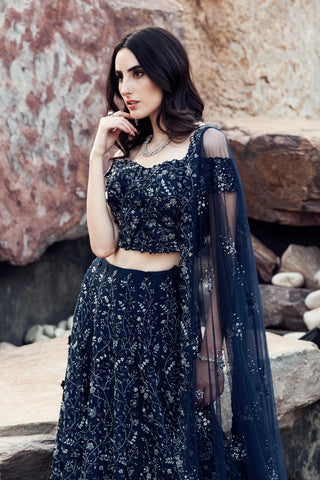Midnight blue 3D flower embellished lehenga set