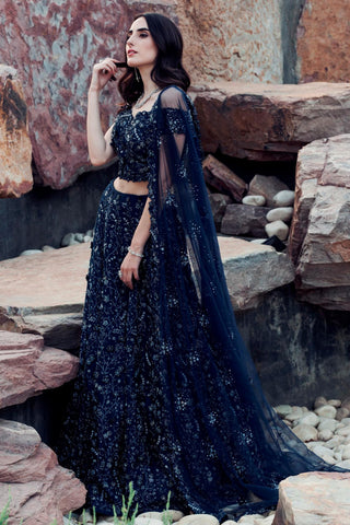 Midnight blue 3D flower embellished lehenga set
