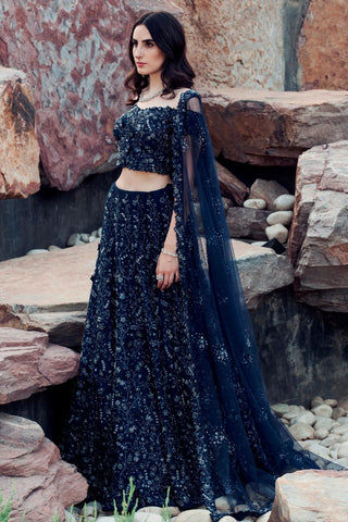 Midnight blue 3D flower embellished lehenga set