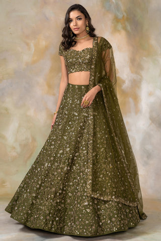 Olive green embellished lehenga set