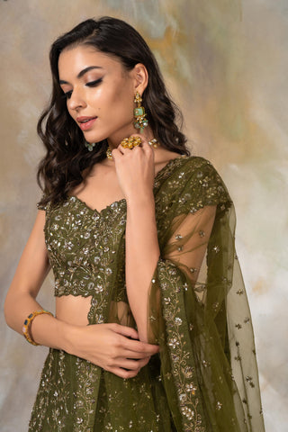 Olive green embellished lehenga set