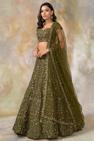Olive green embellished lehenga set