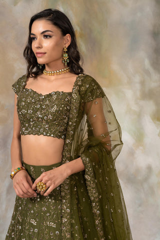 Olive green embellished lehenga set