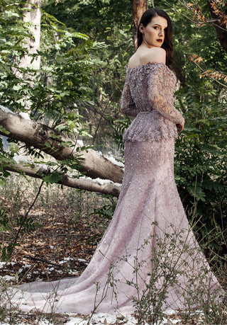 Purple crystal and 3d flower peplum top and skirt set