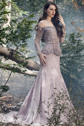 Purple crystal and 3d flower peplum top and skirt set