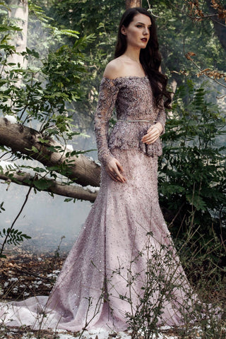 Purple crystal and 3d flower peplum top and skirt set