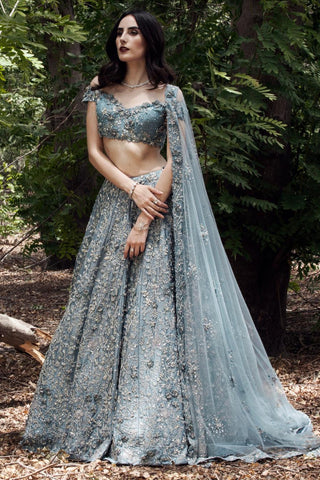 Cerulean blue 3d flower embellished lehanga set