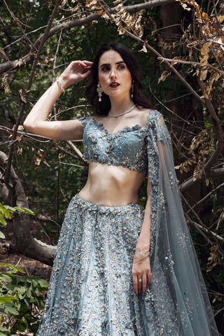 Cerulean blue 3d flower embellished lehanga set