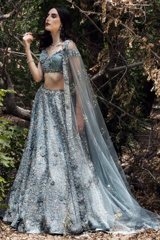 Cerulean blue 3d flower embellished lehanga set