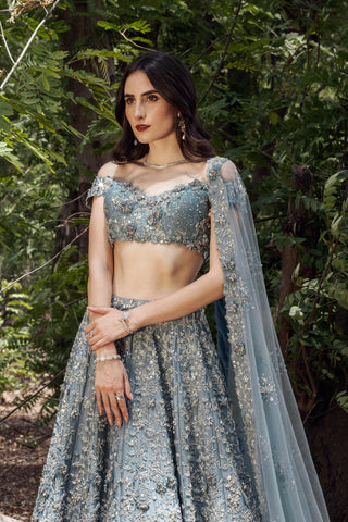 Cerulean blue 3d flower embellished lehanga set