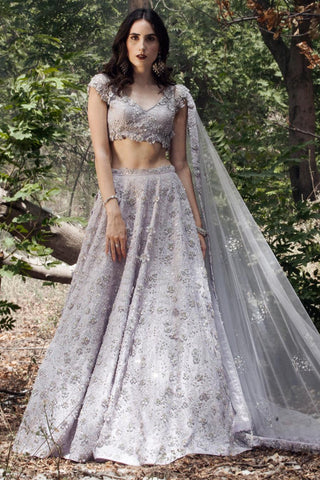 Purple 3d flower and crystal lehenga set