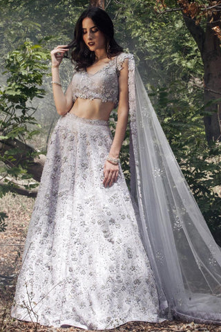 Purple 3d flower and crystal lehenga set