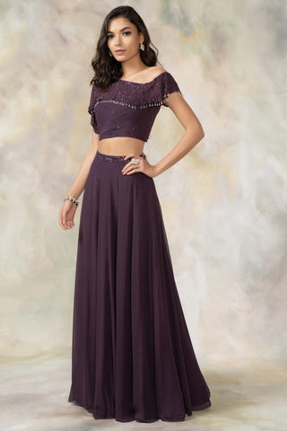 Purple one shoulder ruffled crop top and skirt set