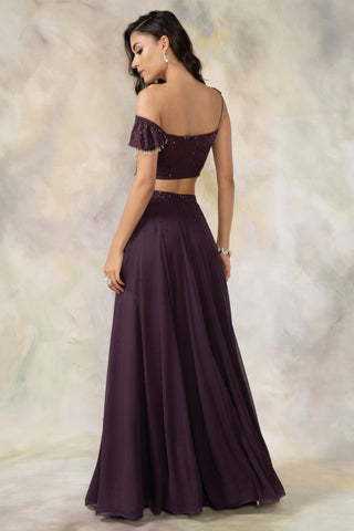Purple one shoulder ruffled crop top and skirt set