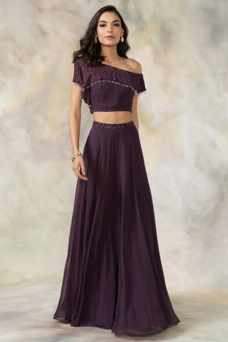 Purple one shoulder ruffled crop top and skirt set