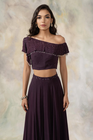 Purple one shoulder ruffled crop top and skirt set