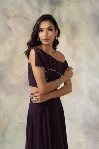 Purple one shoulder ruffled crop top and skirt set