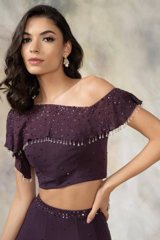 Purple one shoulder ruffled crop top and skirt set