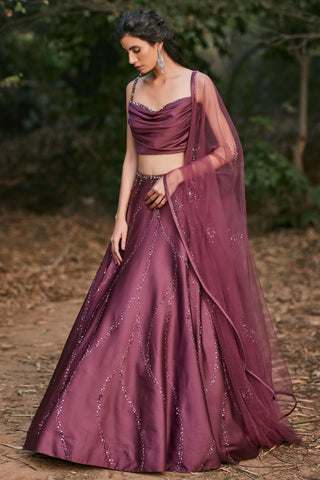Deep red wine draped lehanga set