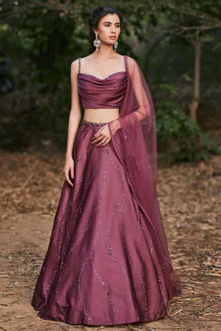 Deep red wine draped lehanga set