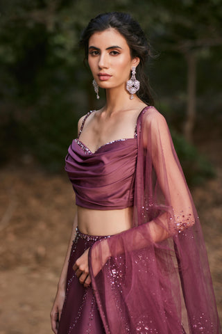 Deep red wine draped lehanga set