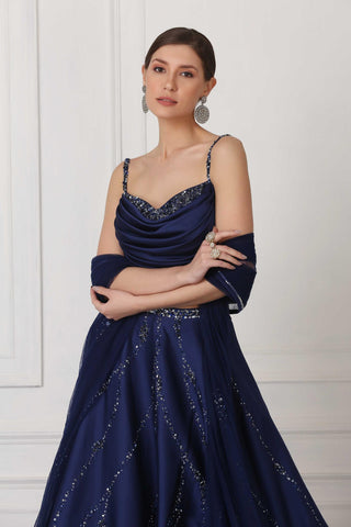 Navy blue draped lehenga set