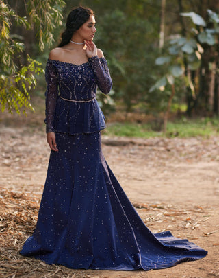 Navy blue crystal embellished peplum top skirt set