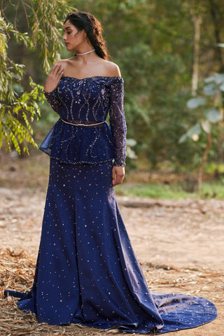 Navy blue crystal embellished peplum top skirt set