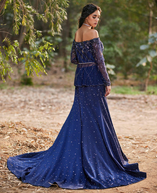 Navy blue crystal embellished peplum top skirt set