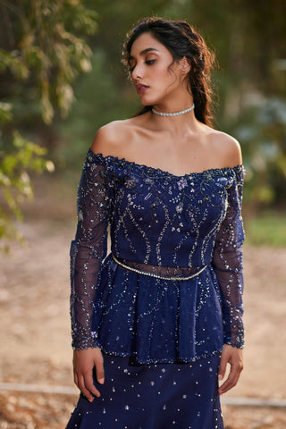Navy blue crystal embellished peplum top skirt set