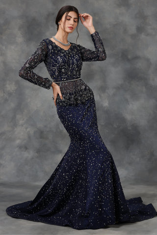 Navy blue embellished peplum top and mermaid skirt