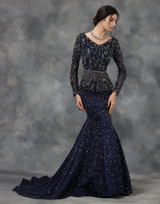 Navy blue embellished peplum top and mermaid skirt