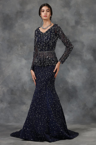 Navy blue embellished peplum top and mermaid skirt