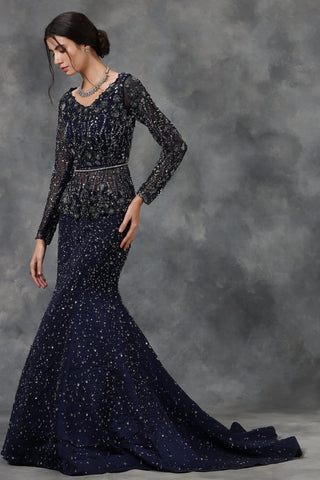 Navy blue embellished peplum top and mermaid skirt