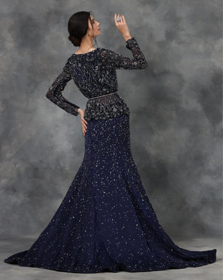 Navy blue embellished peplum top and mermaid skirt