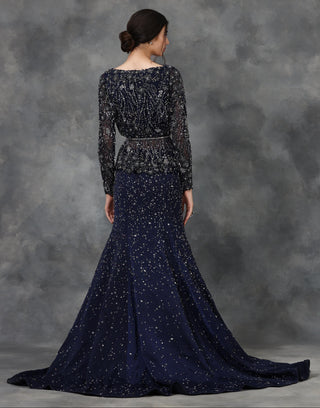 Navy blue embellished peplum top and mermaid skirt