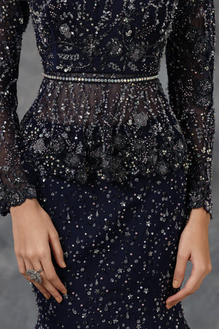 Navy blue embellished peplum top and mermaid skirt