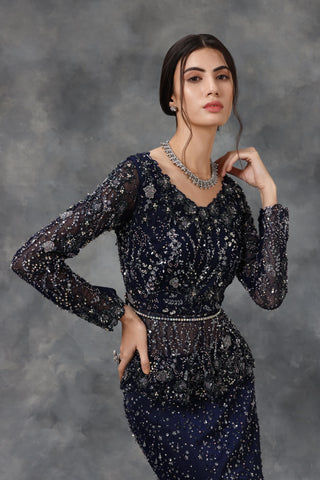 Navy blue embellished peplum top and mermaid skirt