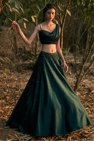 Emerald green satin draped blouse and skirt set