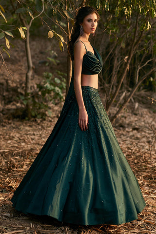 Emerald green satin draped blouse and skirt set