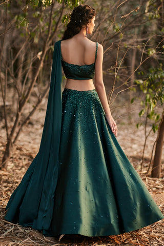 Emerald green satin draped blouse and skirt set