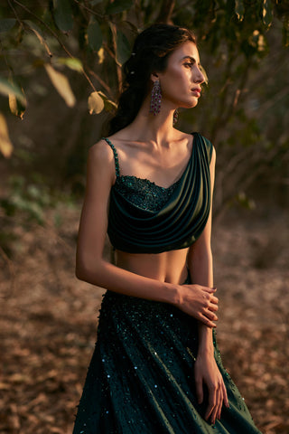 Emerald green satin draped blouse and skirt set