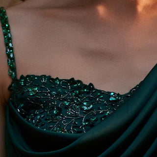 Emerald green satin draped blouse and skirt set