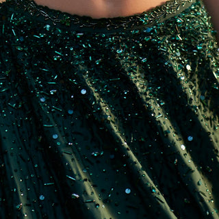 Emerald green satin draped blouse and skirt set