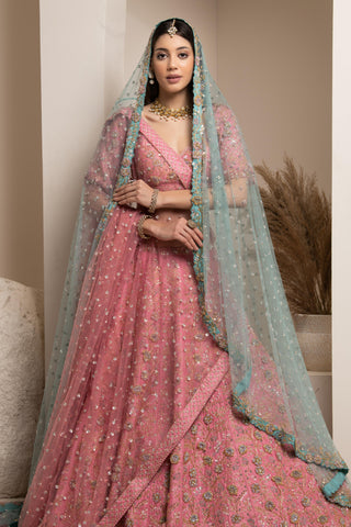 Pink bridal lehenga set with veil and dupatta