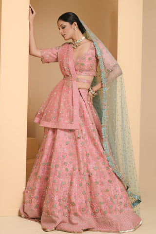 Pink bridal lehenga set with veil and dupatta