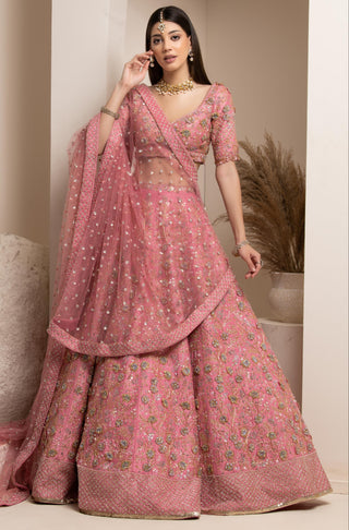 Pink bridal lehenga set with veil and dupatta