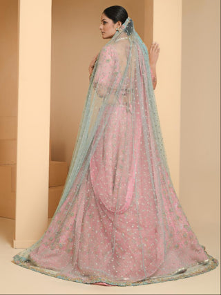Pink bridal lehenga set with veil and dupatta