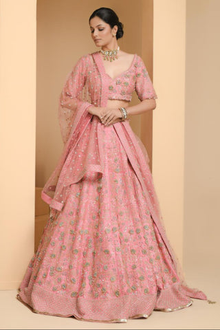 Pink bridal lehenga set with veil and dupatta