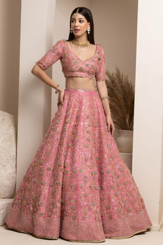 Pink bridal lehenga set with veil and dupatta